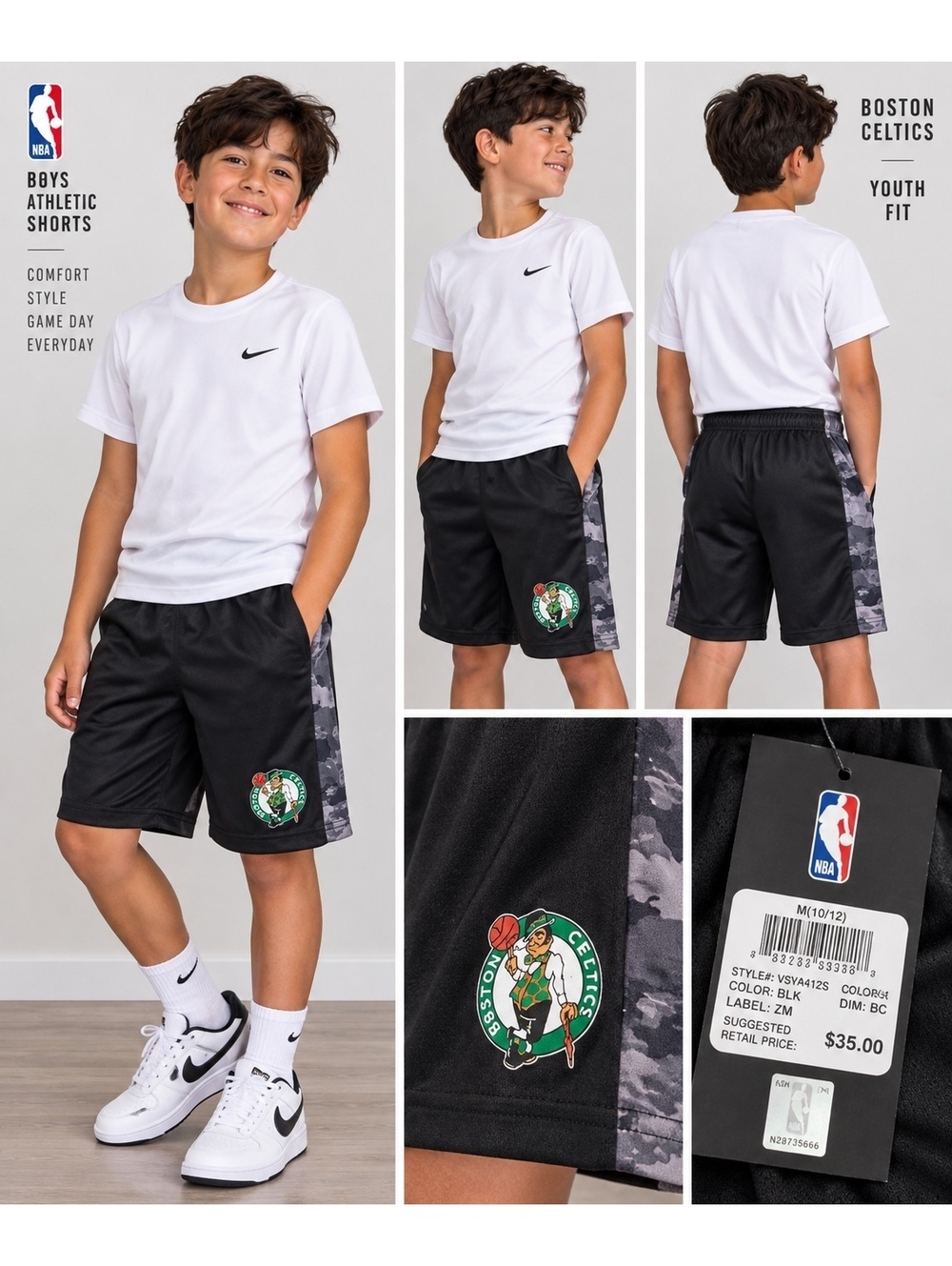 Boston Celtics Boys Shorts Size M 10/12 Black Camo NBA Athletic NWT